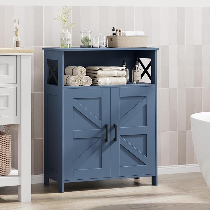 Homhedy Farmhouse Bathroom Storage Cabinet with Doors, Small Floor Cabinet | Toilet Paper Cabinet with Adjustable Shelf, Freestanding Storage Cabinet for Kitchen/Laundry/Living Room, 24"W, Blue - Image 5