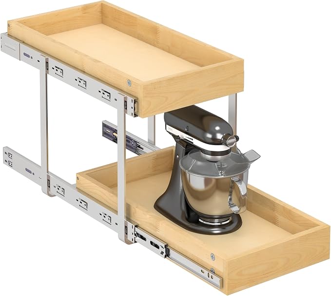 WelFurGeer 2-Tier Pull Out Cabinet Organizer with Soft Close Slides, Heavy-Duty Pull Out Drawers for Cabinets, Slide Out Shelf for Kitchen, Bathroom, Pantry & Under Sink, Solid Birch Wood by WelFurGeer