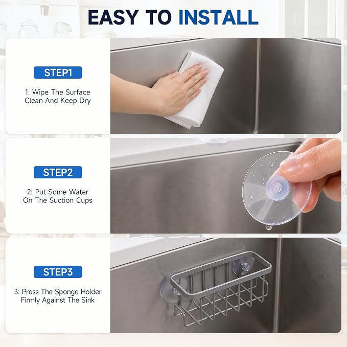 Sponge Holder for Kitchen Sink - Rustproof Coated Sink Caddy with 2 Side Hooks | Heavy Duty Suction Cup In-Sink Organizer for sponge, Scrubber & Stopper, Silver - Image 6