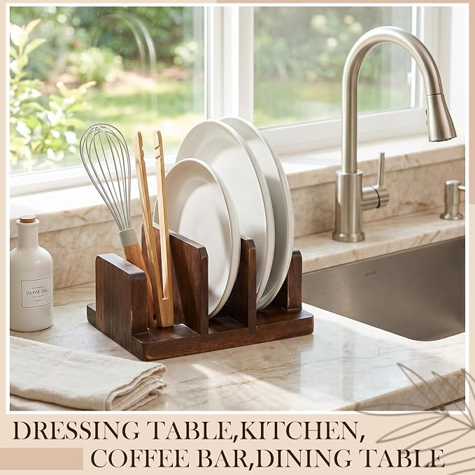 2 Pack Acacia Wood Cutting Board Holder, Kitchen Rack for Cutting Boards, Lids, Bakeware Storage, Countertop Pan & Tray Holder with 3 Slots, Plate Organizer for Cabinet, Baking Sheets - Image 4