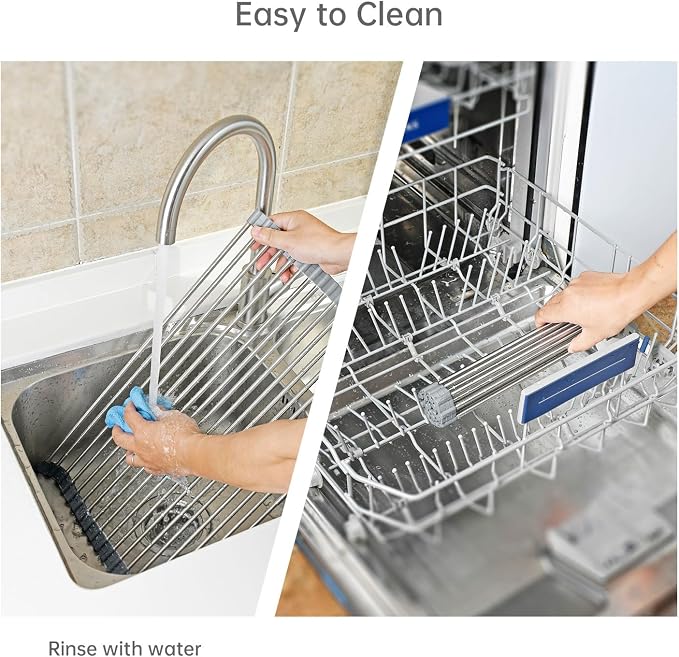 Large Expandable Roll Up Dish Drying Rack, Heat-Resistant Dish Drainer for Stainless Steel Sinks, Over The Sink Non-Slip Silicone Rollable Dish Drainer Roll Rack 18 Tube Gray 21.25''x12.79'' - Image 6