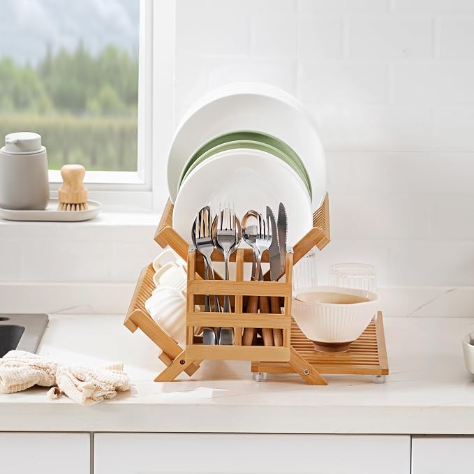 Bamboo 3 Tier Dish Drying Rack with Utensil Holder | Collapsible Dish Rack for Kitchen Counter, Large Folding Drying Holder, Dish Drainer, Kitchen Organizers and Storage - Image 7