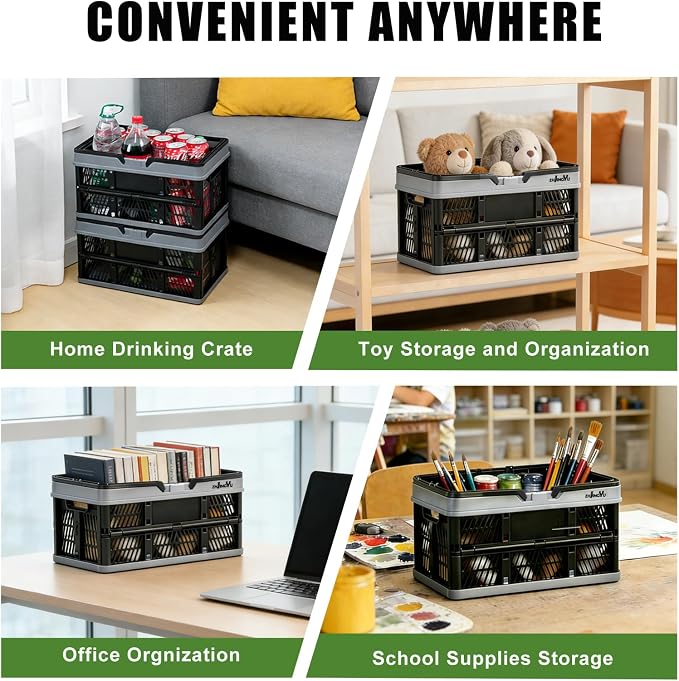 20L Plastic Basket with handles,2-pack Black Collapsible crates for storage | 14.96"x9.84"x7.87" foldable shopping basket ,foldable crate with Handles for car Classroom Kitchen Bathroom Medicine Milk - Image 3