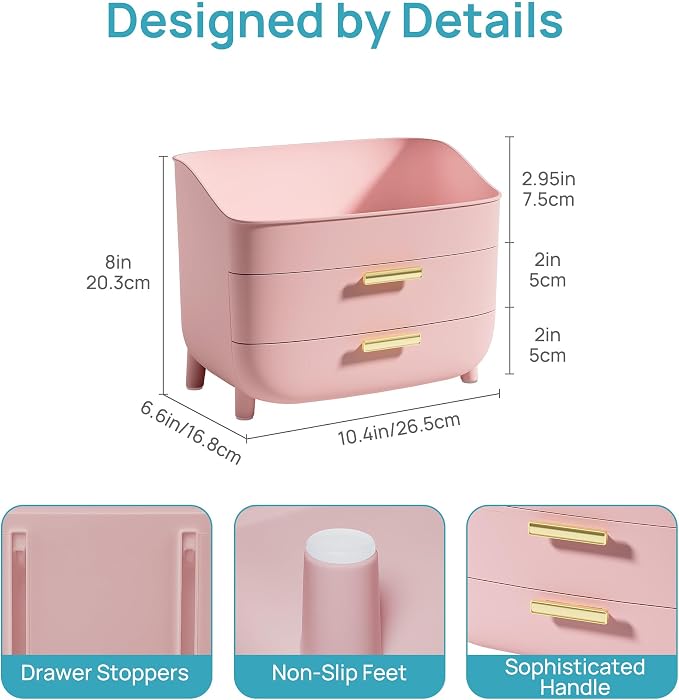 Vtopmart 3-Tier Skincare Makeup Organizer, Pink | With Drawers, For Vanity and Bathroom Countertop, Large Cosmetic Storage Box Case for Dresser, With Non-Slip Base - Image 2