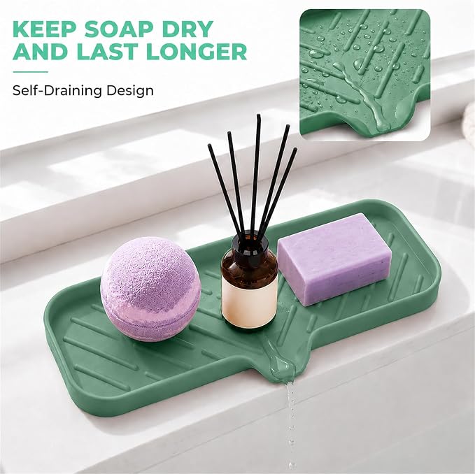 MicoYang Silicone Soap Dish with Drain Spout — Self-Draining Double Sink Organizer Tray for Kitchen & Bathroom, Dispensers, Sponges & Soap Holder, Non-Slip & Dishwasher Safe, Green (Large, 12"×4") - Image 7