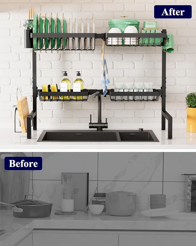 Kitsure Adjustable Over The Sink Dish Drying Rack, 26.8" -33.9"x21.5" | Sink Drying Rack for Kitchen Sink, Dish Rack Over Sink with Cutlery & Utensil Holders, Kitchen Storage, Black - Image 8