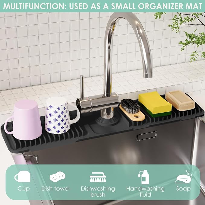 24-Inch Silicone Faucet Mat for Kitchen Sink Splash Guard, 7° Slope | 24"x5.5" water draining mat with fasten button; 1.6-2.75" customizable hole for bathroom, RV & kitchen sink drip catcher. - Image 7