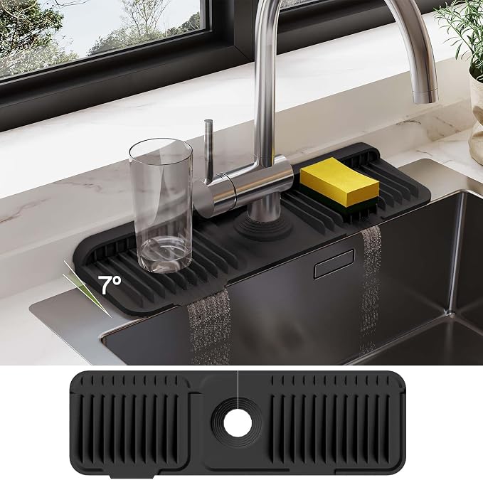 18 Inch Silicone Faucet Mat for Kitchen Sink Splash Guard – 2025 Upgraded Draining Mat with Water Tray Behind Faucet – Countertop Protectors to Catch Spills (Black, 17.7" x 5.5") by Unknown