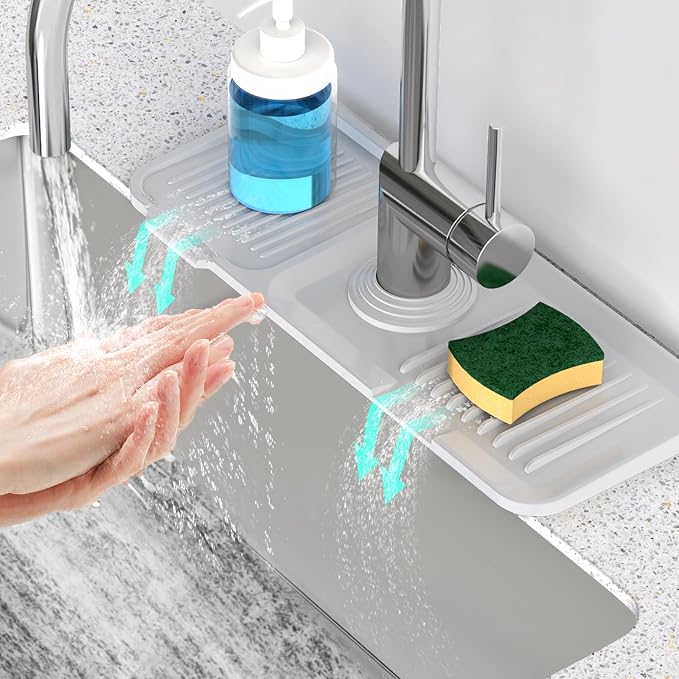 14.6'' Faucet Mat for Kitchen Sink [5°Slope Fast Self-draining] Kitchen Sink Splash Guard Silicone Kitchen Sink Faucet Mat Splash Guard for Kitchen Sink Area Faucet Guard Draining Mat Light Gray by Snoquir