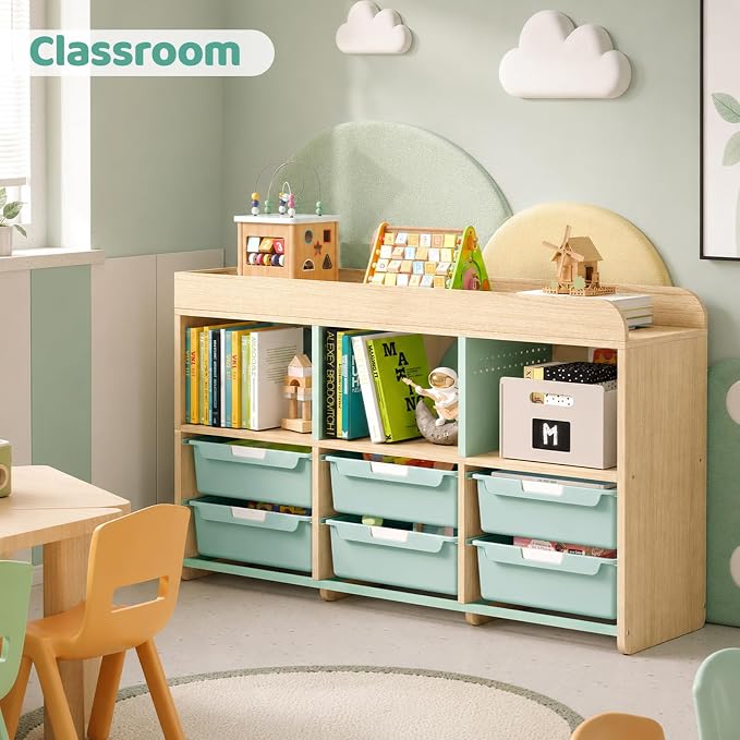 Toy Storage Organizer with 6 White Bins - Wooden Playroom Storage Cabinet for Toys, Books & Art Supplies, Green - Image 5