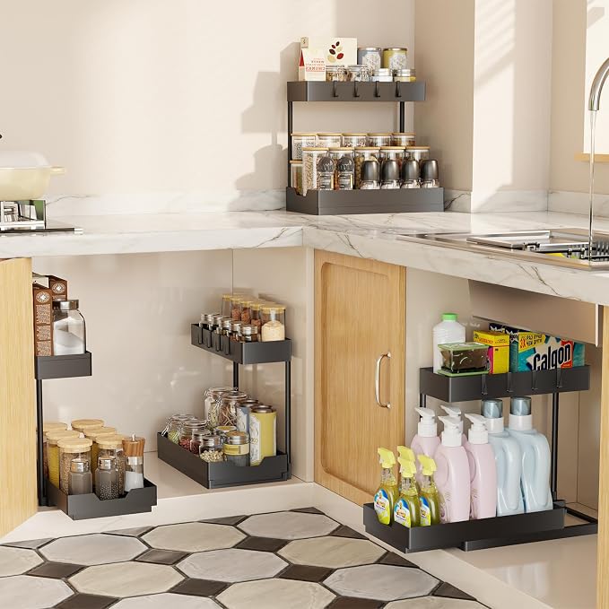 Simple Trending Under Sink Organizer 2 Pack, 2 Tier with Sliding Basket | Multi-Use Cabinet Organizer for Kitchen & Bathroom, Sink Storage Basket with 4 Hooks, L-shape, Easy Assembly, Black - Image 6