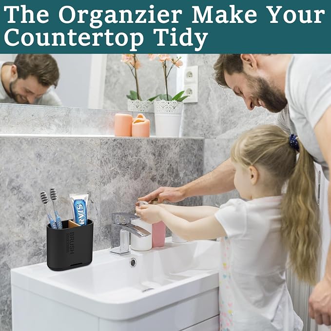 Bamboo Toothbrush Holder for Bathrooms Toothpaste Organizer, Small, Black | 2 Slots, Easy to Clean, Plastic, Kids Electric Toothbrush, Drainage, Removable, For Bathroom, Vanity, Kitchen Sink, Office - Image 5