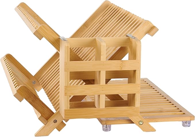 NOVAYEAH Bamboo Wooden Dish Rack, Wooden Dish Drying Drainer Rack | 3-Tier Collapsible Large Dish Drying Rack Folding Drying Holder for Kitchen Counter, Plate Holder Organization by NOVAYEAH