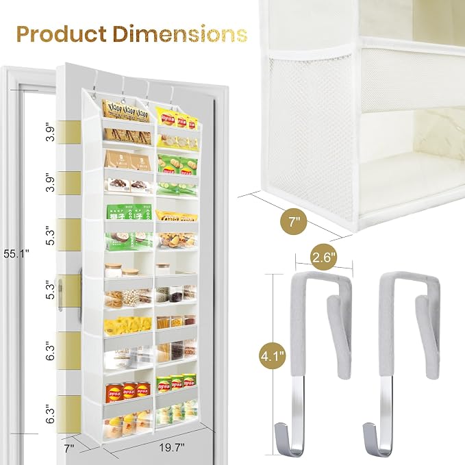 Over the Door Organizer, 6-Tier XL, 100D Fabric, Transparent | Extra wide over the door organizer, 65 lb capacity, 12 side mesh pockets, heavy-duty 100D fabric, bedroom & nursery storage - Image 4