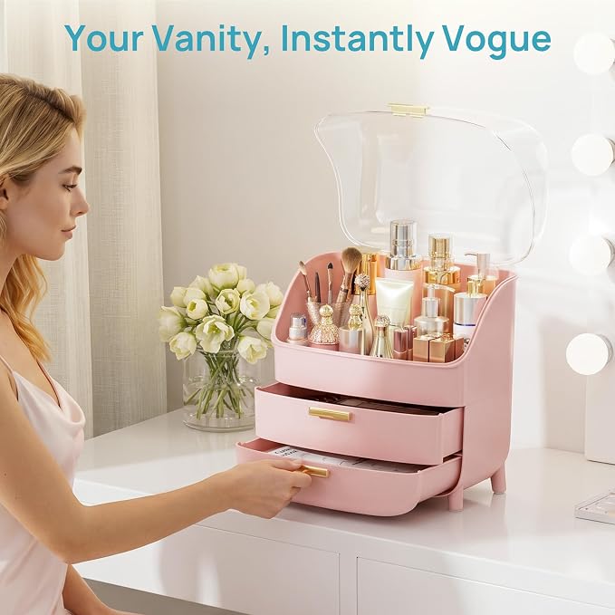 Vtopmart 3-Tier Skincare Makeup Organizer with Lids, Pink | With Drawers and Lid, For Vanity and Bathroom Countertop, Large Cosmetic Storage Box Case for Dresser, With Non-Slip Base - Image 6