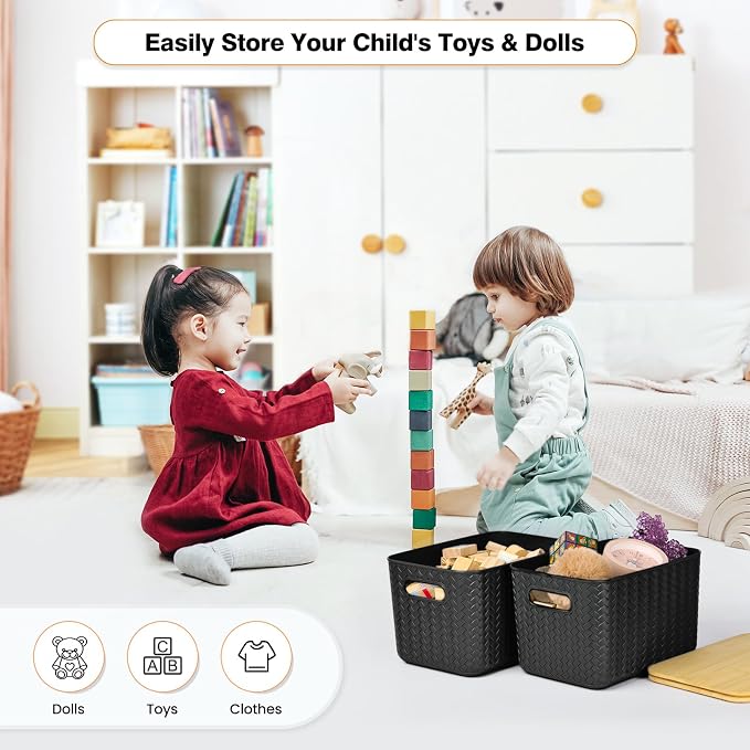 Ohmlove 4 Pack Storage Bins with Bamboo Lids,Stackable Box for Organization | Plastic Storage Containers with Handle, Storages Baskets for Organizing Desktop Closet Playroom Classroom Office, Black - Image 6