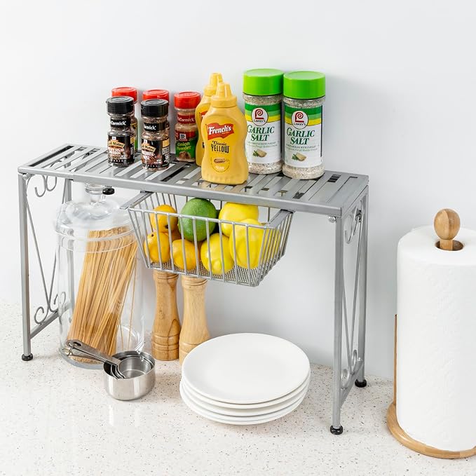MyGift Silver Metal Over The Sink Organizer Shelf with Pull Out Drawer, Expandable Kitchen Caddy Rack, Bathroom Storage Shelf Riser with Scrollwork Design - Image 2