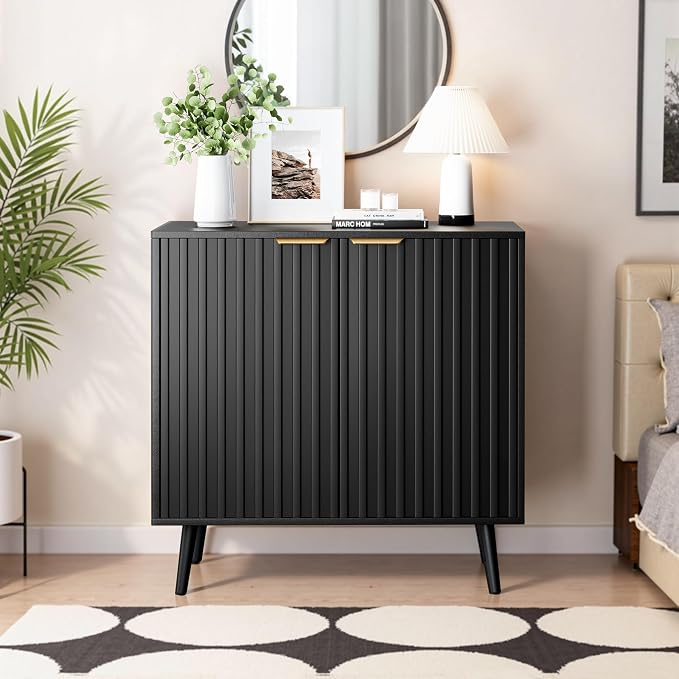 Set of 3 Fluted Storage Cabinet, Buffet Cabinet with Storage, Wood Sideboard with Adjustable Shelf, Modern Accent Cabinet & Console Table for Entryway, Living Room, Dining Room, Black - Image 8