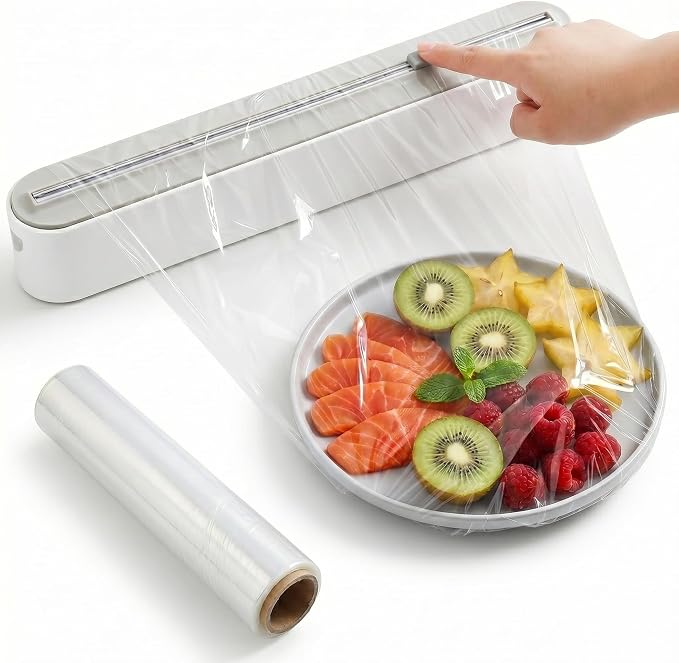 Fits 12" Rolls Up to 1.45" Diameter, Plastic Wrap Dispenser with Cutter | Includes 100 ft plastic wrap; fits slim 12" rolls up to 1.45" diameter. Magnetic mount; not for jumbo or commercial rolls. by Cprnru