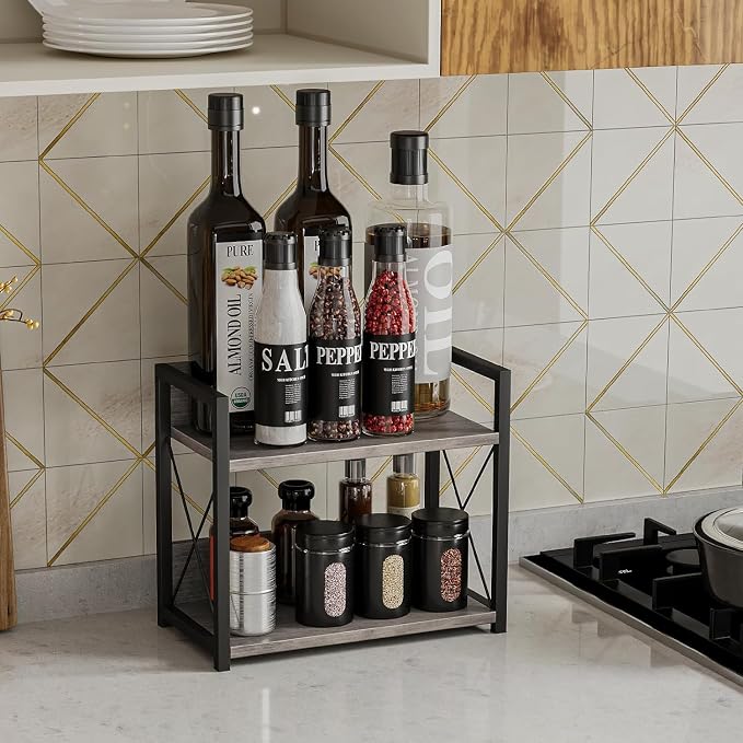 Giikin Countertop Shelf Organizer, 2 Tier Kitchen Spice Rack for Countertop, Wood Kitchen Counter Shelf for Home, Coffee Station Organizer (Grey,S) - Image 2