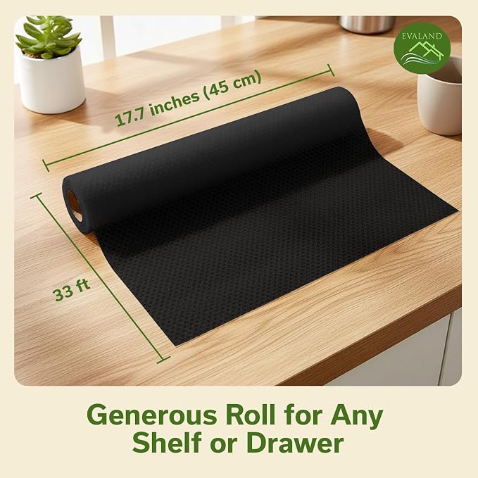 EVALAND Shelf Liner Cabinet Liner Non-Adhesive Drawer Liner 17.7 in x 33 FT | Non-Slip, Washable, Waterproof, Fridge Liners, Contact Paper, Shelf Liners for Cabinets, Kitchen, Refrigerator, Black - Image 2