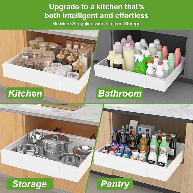 2-Pack Expandable Pull Out Cabinet Organizer 16.5"Deep(12.2"-20.5"W), 3 Full Extension Glides Slide Out Drawers, Roll Out Shelves Adhesive Raising Pad,Compatible Framed Cabinets,90lb Cap,White - Image 7