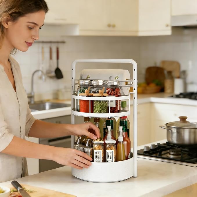 Rotating Spice Rack with Paper Towel Holder, White | 2 Tier Turntable Lazy Susan, Durable Iron, Seasoning Organizer, For Kitchen Countertop - Image 2