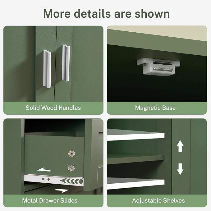 Bathroom Floor Storage Cabinet with Adjustable Shelf, Freestanding Storage Cabinet with 4 Doors, Cupboard for Living Room, Home Office, Entryway, Forest Green - Image 7