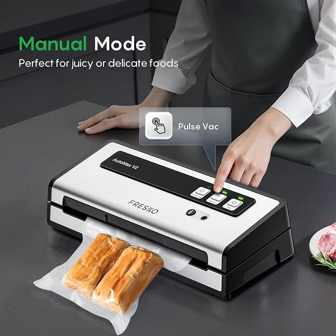 FRESKO Vacuum Sealer Machine with Automatic Bag Detection, Compact Design | 0.2-inch Widened Heating Strip, Food Vacuum Sealer for Dry & Moist Food Storage, Suitable for Sous Vide, 10 Pre-Cut Bags - Image 4