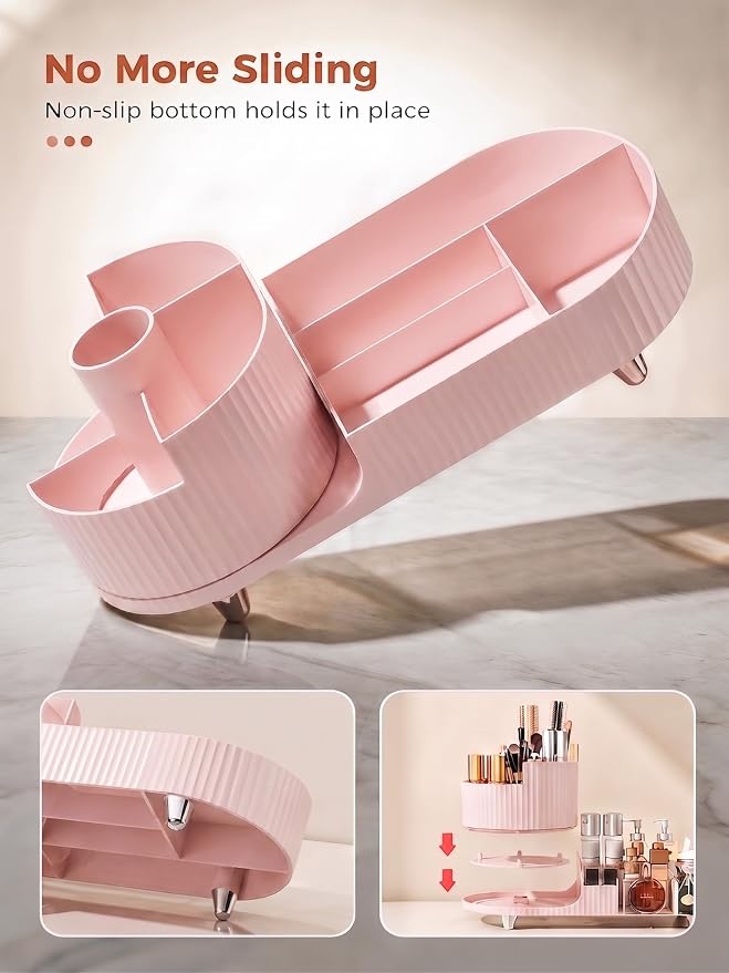 Booklov Rotating Makeup Organizer for Vanity Countertop, Pink | Plastic Cosmetic Display Case, Large Beauty Brush Holder for Bathroom Counter, Skin Care Perfumes Storage - Image 3