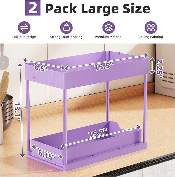 Simple Trending Under Sink Organizer 2 Pack, with Sliding Drawer, Purple | 2-Tier Multi-Use Under Shelf Organizer with Hooks, Sink Pull-Out Sliding Storage Cabinet for Kitchen Bathroom, Easy Assembly - Image 2
