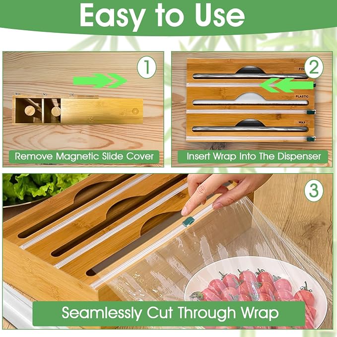 3-in-1 Bamboo Wrap Organizer with Cutters, Labels, Interior Holders, Anti-Slip Pads - Kitchen Drawer, Pantry, Storage for Plastic Wrap, Aluminum Foil, Wax Paper, Kitchen Storage, 12" Roll Holder - Image 4