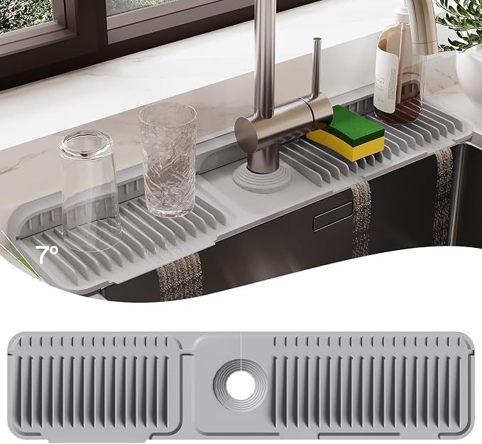 24 Inch Silicone Faucet Mat for Kitchen Sink Splash Guard – 2025 Upgraded Draining Mat with Water Tray Behind Faucet – Countertop Protectors to Catch Spills (Gray, 24" x 5.5" ) by Unknown