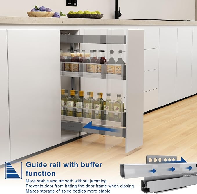 VADANIA Narrow Pull Out Cabinet Organizer, For 10" Base Cabinets | 2-Tier Slim Cabinet Storage with Glass Side Panels, Soft Close Full-Extension Slides, Reversible Left or Right Side Mount - Image 6