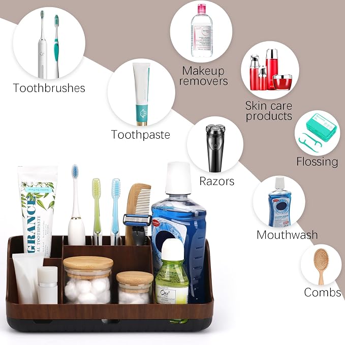 GFWARE Wood Toothbrush Holders for Bathroom Organizer with Drain Holes | Detachable 7 Slots Kid Electric Toothbrush and Toothpaste Holder, Bathroom Sink, Caddy, Tray, Vanity Storage Wood-Look, Brown - Image 3