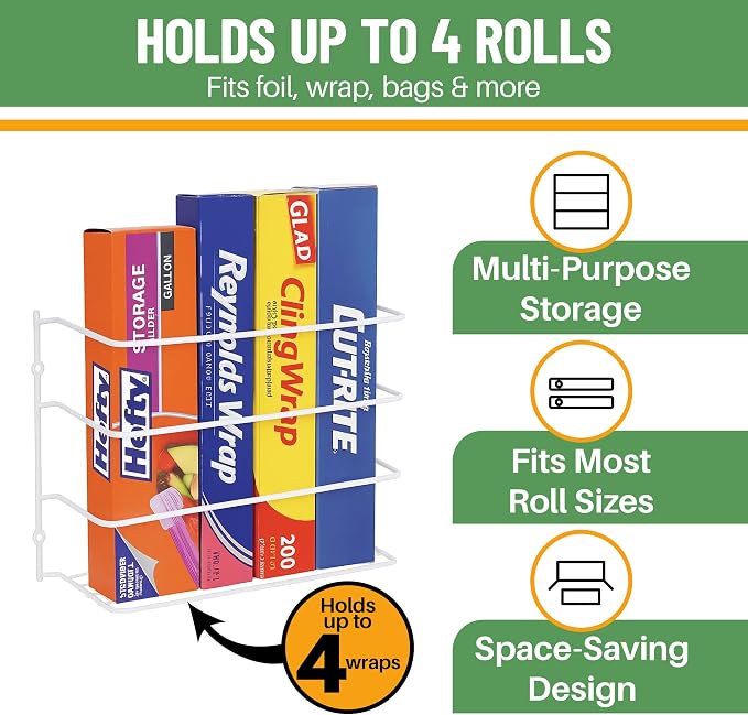 Evelots Kitchen Wrap & Food Bag Organizer Wall/Cabinet Mount, 4-Pack, White | Four baskets mount inside a cabinet or on a wall to keep foil, plastic wrap and food bags organized, saving counter space. - Image 2