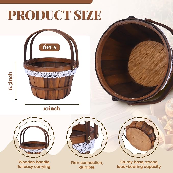 Wooden Baskets 10" x 6.5", 6 Pack Brown Apple Harvest Baskets | Round Handled Baskets Hold Produce, Flowers, Easter Eggs Or Favors for Farms, Markets, Weddings, Parties and Decor - Image 3