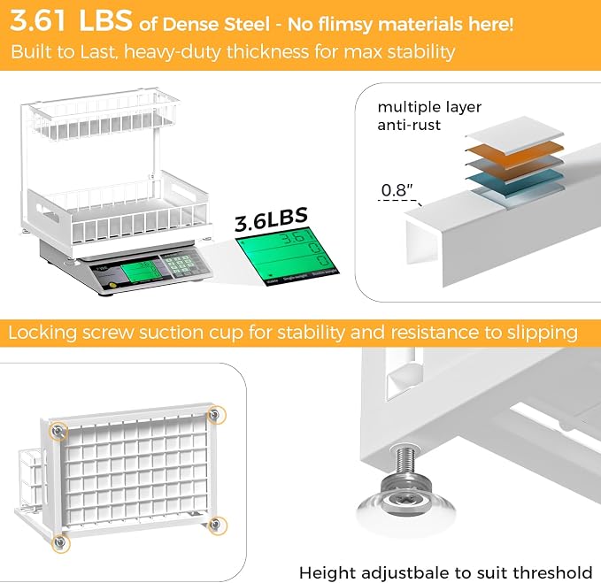 L-Shaped Under Sink Organizer, 2-Tier Pull-out Cabinet Rack 1-Pack | White Height-Adjustable Steel Rack, Sliding Grid Drawers with PP Liners, Holds 100 Lbs, Suction Base, Ideal Kitchen Storage - Image 5