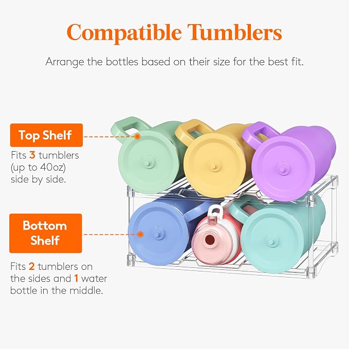 Lifewit Stackable Bottle Storage Organizer, Clear Freestanding Wine Holder for Cabinet, Large Slot Water Bottle Tumbler Cup Organizer for Pantry, Plastic Wine Rack for Fridge Cellar, 2Tier Hold 6 - Image 4