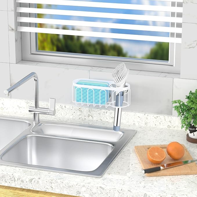 2-in-1 Sponge Holder for Kitchen Sink, Sink Caddy Kitchen Sink Organizer with 3 Suction Cups, No Drill Rustproof Sink Sponge Holder for Dish Brush, Soap & Sponge (White) - Image 4