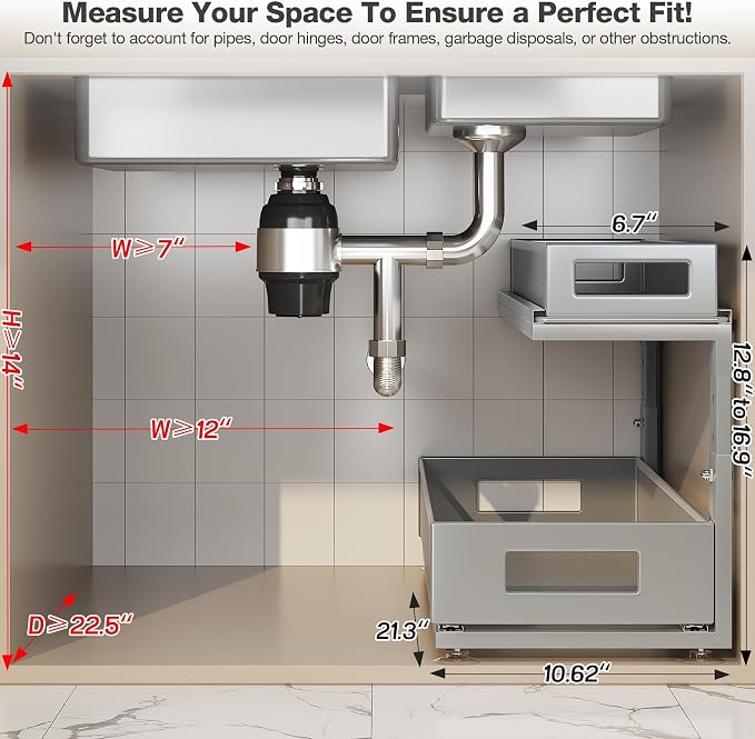 2 Pack 21.3IN-Depth Under Sink Organizer with Next-Gen Ball-Bearing Slides,2-Tier Pull Out Cabinet Storage,Height Adjustable Drawer Shelf for Bathroom,Kitchen,Laundry,Cabinet,Pantry-Gun Gray - Image 2
