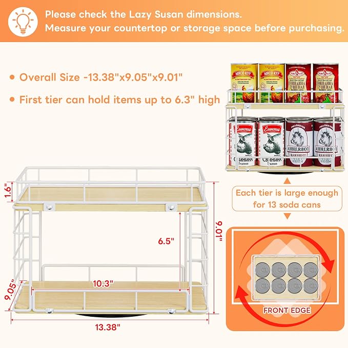 360° Rotating Lazy Susan Can Organizer for Pantry, Holds 26 Cans, White | 2-Tier Metal Wire & Wood Turntable Can Rack Holder, Storage for Canned Goods, Kitchen Pantry Cabinets & Countertops - Image 4