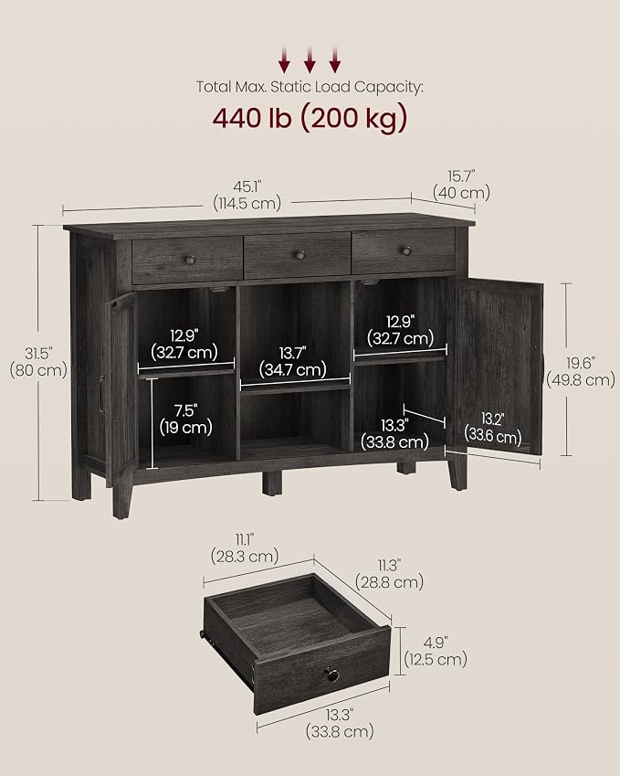 VASAGLE LIRY Collection - Coffee Bar Cabinet, Kitchen Storage Cabinet with 3 Drawers, Farmhouse Sideboard with Adjustable Shelf for Kitchen, Antique Charcoal UBBK371B02V1 - Image 3