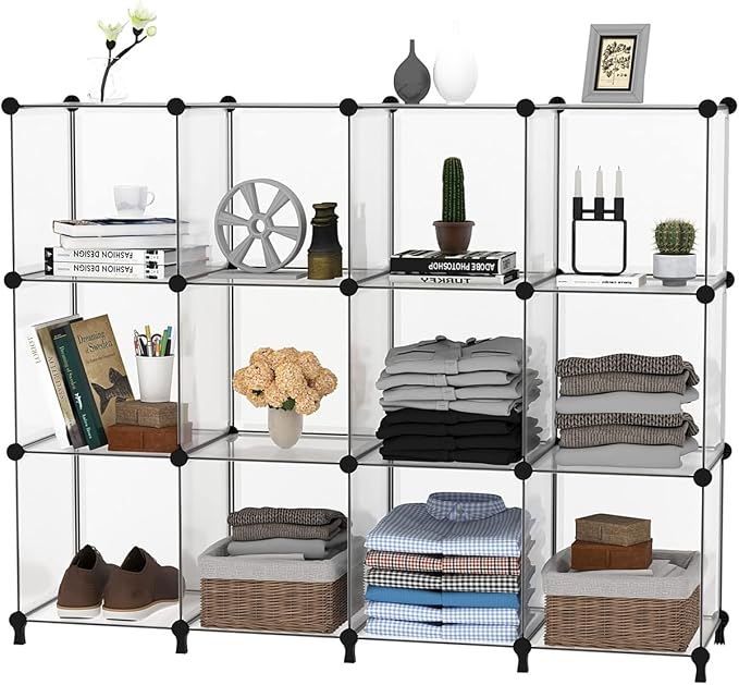 AWTATOS Closet Organizer, 12 Cube Storage Organizer, Translucent | Portable Closet Organizers, DIY Stackable Storage Cubes Shelves Bookshelf, Plastic Clothes Shelving for Home, Bedroom - Image 7