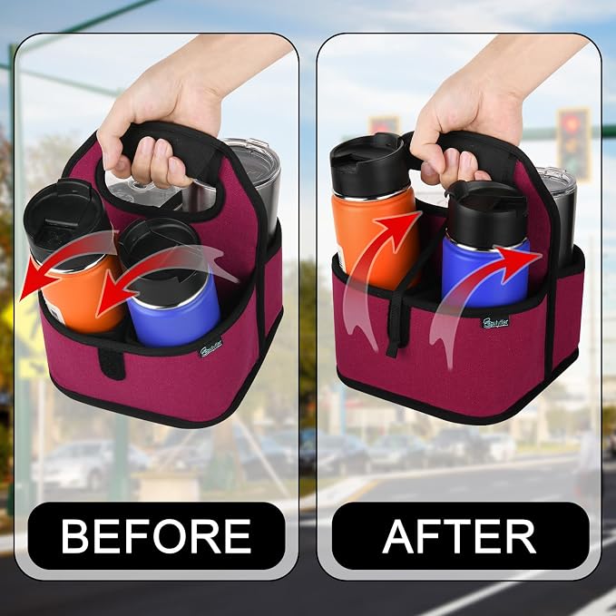 Beautyflier Reusable Insulated Coffee Cup Carrier, Portable Drink Holder with Handle Organizer Tote Bag for Hot & Cold Drinks (Wine Red) - Image 3
