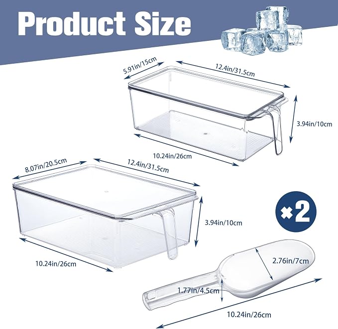 Havawish 4 Pcs Ice Storage Bin for Freezer with Lid and Flexible Scoop Set Plastic Ice Container with Lid Handle for Home Office Fridge Storage (12.4 x 8.07,12.4 x 5.91 Inches,Clear) - Image 2