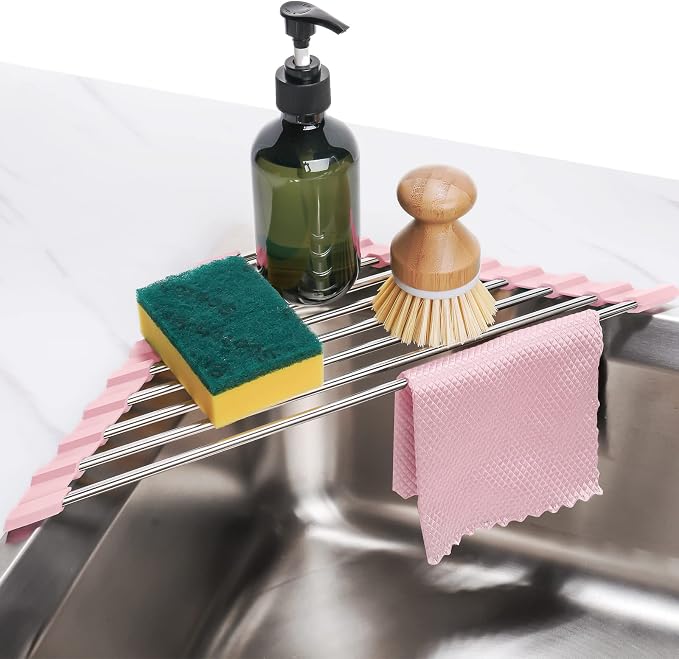 Tomorotec Triangle Foldable Dish Drying Rack, Small Roll-Up Stainless Steel Over Sink Drainer for Kitchen Sink Corner, Rustproof Multipurpose Organizer(Pink) | BPA-Free Food-Grade Silicone Edges Foldable Waterproof Rustproof Heavy-Duty Space Saver Heat... by Tomorotec