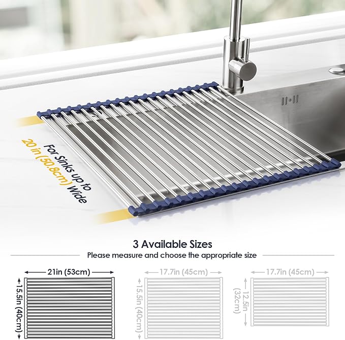 Tomorotec Roll Up Dish Drying Rack Over Sink, 304 Steel, 21x15.5, Indigo | Anti-Slip Silicone Rims For Grip, Heat-Resistant Trivet Mat Holding Heavy Cookware, Rustproof Kitchen Counter Space Saver - Image 4