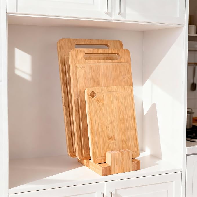 Donxote Bamboo Cutting Board Organizer Rack - Pot Lid, Baking Pan, Bakeware & Knife Holder, Cabinet and Countertop Storage Stand for Kitchen, Dish, Plate, and Cookbook - Image 4