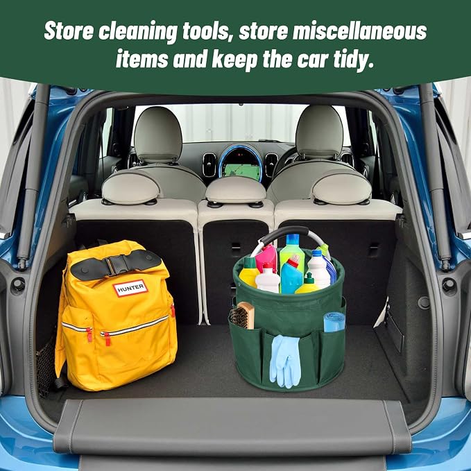 Qivine 17L Cleaning Caddy with Handle, Foldable Cleaning Supply Caddy Green | Cleaning Caddy for Cleaning Supplies, Portable Cleaning Supplies Organizer with 6 Pockets, Cleaning Bucket for Kitchen Garden - Image 5